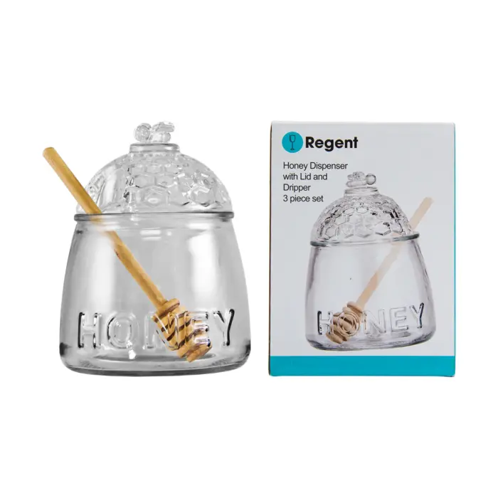 Glass honey dispenser with lid and dipper 3pce set 590ml 145X110mm dia - Image 1
